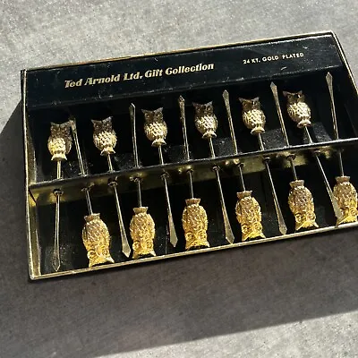 Set Of 12 MCM Ted Arnold Owl Cocktail Martini Olive Picks 24K Gold Plate • $129.99