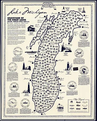 Shipwrecks Of Lake Michigan Map Since 1600 AD Wall Art Poster Print Naval Decor • $15.95