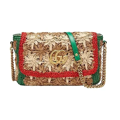 $1831.19 • Buy New Authentic Gucci GG Marmont Flower Crochet Raffia Shoulder Bag