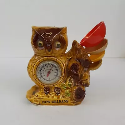 Vintage Ceramic Owl Figurine Thermometer & Kitchen Measuring Spoon Holder Japan • $12.50