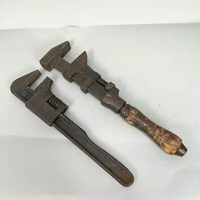 Vintage Pair Adjustable Wrenches 11  Vlchek  + 12  Unbranded Wood Handle Monkey • $128