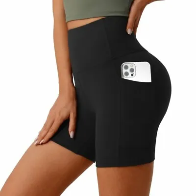 Women's High Waist Yoga Shorts With Pockets Tummy Control Gym Workout Running • $10.99