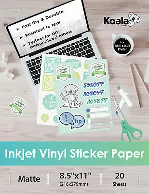 Koala Printable Vinyl Sticker Paper For Inkjet Laser Cicut Waterproof White Matt • $9.99