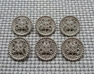 6 X Silver Tone Metal Shank Flower Buttons 22mm Vintage Gothic Steampunk • £3.50