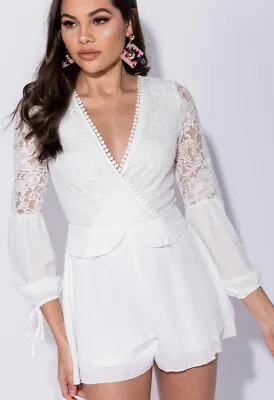 Womens White Lace Body Open Back Tie Sleeve Playsuit • £15.99
