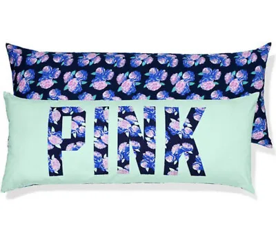 Victoria’s Secret PINK Body Reversible Pillowcases 17.5x43.5” Blue Floral Preown • $55.99