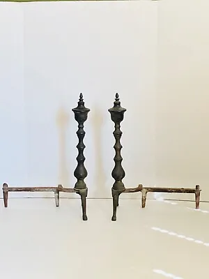 $125 • Buy Set Of 2 Vintage Early Colonial Style Cast Iron  Fireplace Andirons Finial Top