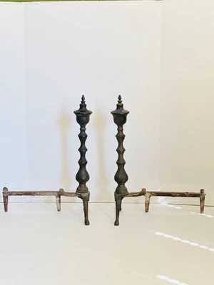 $125 • Buy Set Of 2 Vintage Early Colonial Style Cast Iron  Fireplace Andirons Finial Top
