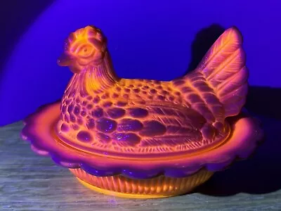 Vintage Mosser Yellow Orange Slag Glass Hen On Nest Dish UV Glow 6” Long • $115