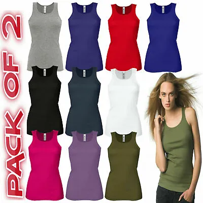 Pack Of 2 Ladies Vest Womens Cotton Stretchy Ribbed T-shirt Cami Casual Tank Top • £8.99