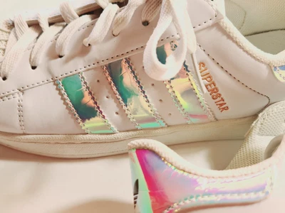 $45 • Buy ADIDAS Superstar White & Silver Stripe Iridescent Runners Shoes Ladies 8