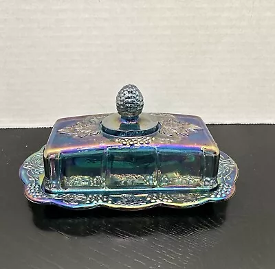 Vintage Indiana Carnival Glass Blue/Purple Iridescent Covered Butter Dish • $30