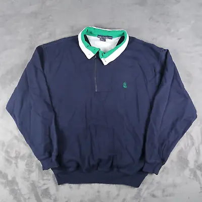 Vintage 90s Nautica Quarter Zip XL Pullover Blue Sweatshirt Pockets Mens • $13