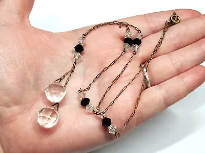 Vintage Art Deco Czech Glass Faceted Black & Clear Glass Bead Necklace Jewelry • $39.99