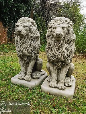 Pair Of Large Proud Lions Stone Garden Statues Ornaments  Sculptures • £259.99