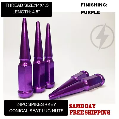 FIT GMC CANYON SAFARI SAVANA SIERRA YUKON SPIKE LUG NUT 4.5’’ 14x1.5 PURPLE 24PC • $53.99