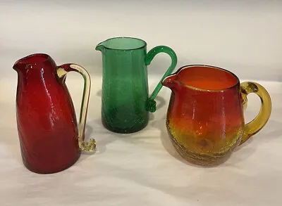 Lot Of 3 Vintage Crackle Glass Mini Pitchers Vases Hand Blown Applied Handles • $14