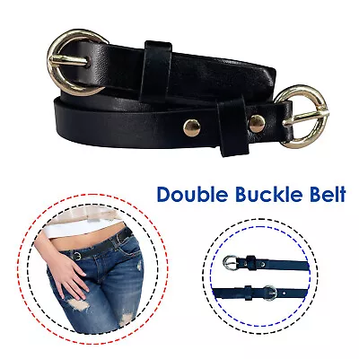 Double D Ring Buckle Belt Skinny PU Leather Waist Belt For Jeans Trousers • £3.59