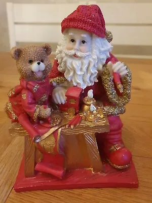 Father Christmas Santa Claus With Teddy Bear Decorative Resin Ornament 20cm • £15