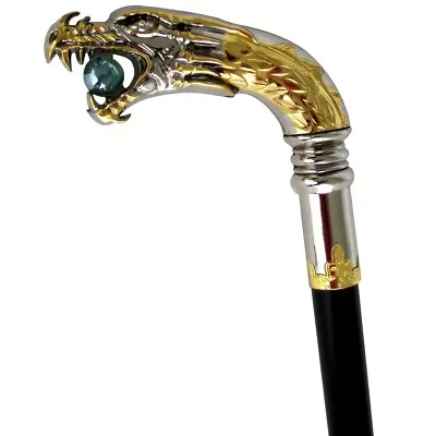 Medieval Silver Plated Dragon Head Cane Walking Stick Chrome Handle Metal Shaft • $41.98