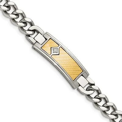 Stainless Steel & 18K Yellow Gold Inlay & Diamond I.D. Bracelet 9 In • $202.98