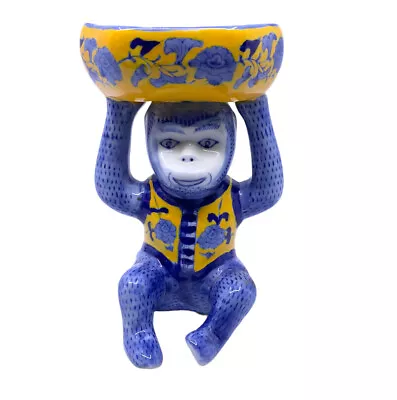 Vintage Chinoiserie Blue And Yellow Ceramic Monkey Holding Soap Dish Candy Bowl • $149.99