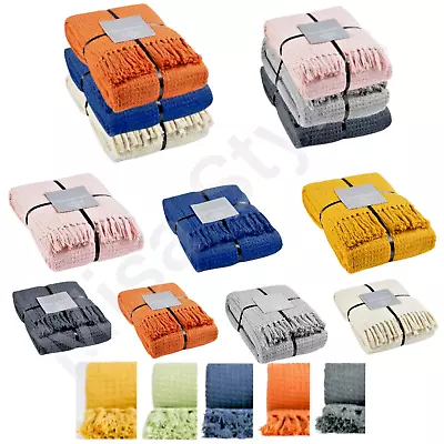 £11.95 • Buy Large Xl Plain Cotton Honeycomb Waffle Eco Recycled Blanket Sofa Chair Bed Throw