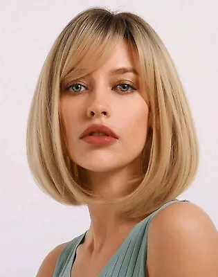 Women Ladies Natural Bob Warm Blonde Ombre Brown Roots Cut Hair Wig Cosplay New  • £16.95