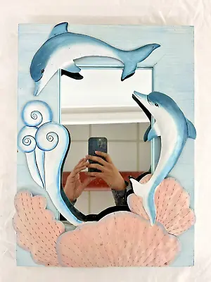 Vintage Dolphin Mirror Metal Frame 3-D Decoration Ocean Shell Marine Decor Theme • $45