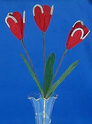 Vintage French Glass Beaded Red/White Double Tulip Flower Bouquet • $26.99