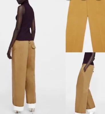 Zara Woman Wide Leg High Rise Trousers Pants Cuffed Khaki Womens XS NWT *Flaw • $12.99