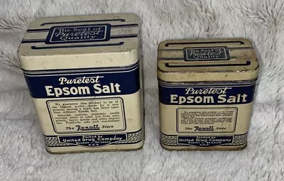 Vintage Puretest Epsom Salt 2 Tins Rexall Stores  United Drug Co 16 & 8 Oz • $10