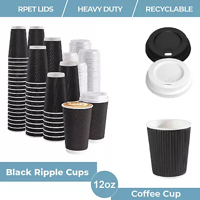 Disposable Coffee Cups Black Ripple Paper Cup For Hot And Cold Drink 4/8/12/16oz • £8.95