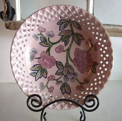 VTG Made In Macau 10  Porcelain Floral Chinoiserie Bowl With Perforated Rim • $40