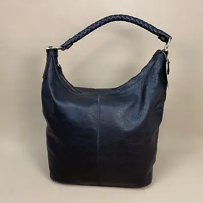 H&M Shoulder Bag Underarm Handbag Black Real Leather Zip Up Side Medium Slouchy • £34.99