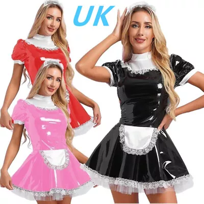 UK Women's French Maid Cosplay Costume PVC Leather Ruffles Mini Dress Clubwear • £8.99