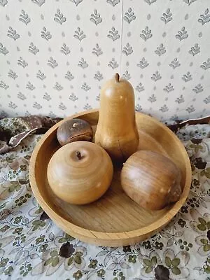 Vintage Hand Turned / Carved Wooden Fruit Ornaments With Bowl • £27.99