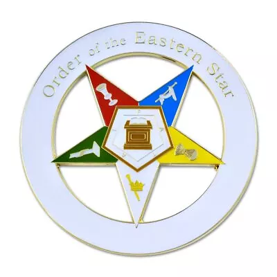 Order Of The Eastern Star Round Masonic Auto Emblem - [White & Gold][3'' Diamete • $16.43