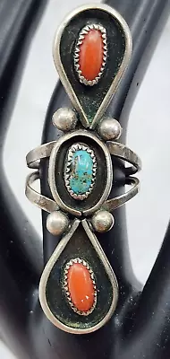 1.9  Vintage Shadowbox Sterling Turquoise Coral Old Pawn Ring Size 6 • $78.95