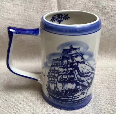 Royal Delft Hand Painted Blue & White 16 Oz Tall Ship Beer Stein Drink Mug • $9.95