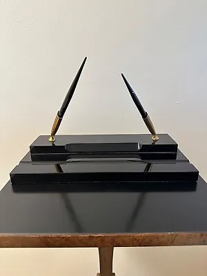 Vintage Desk Set - Executive Pen Holder Black Glass Brass Art Deco 1940s Era • $94.95