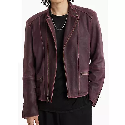 John Varvatos Collection Men's Sullivan Sheepskin Leather Biker Jacket Dark Plum • $358.12