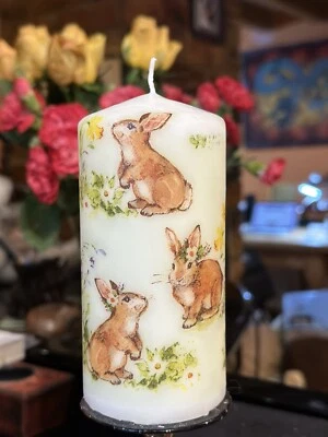 £7 • Buy SWEET LITTLE BUNNIES Design HAND DECORATED PILLAR CANDLE 14x6cm