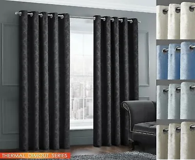 Luxury Damask Embossed Thermal Dimout Ringtop Eyelet Curtain Pair Silver Black • £15.95