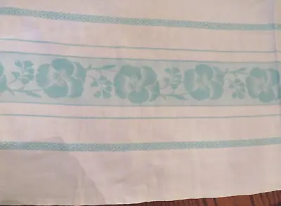 Vtg Tablecloth White Aqua Flowers Hibiscus Stripes Estate 80 X58  Cotton  READ • $7