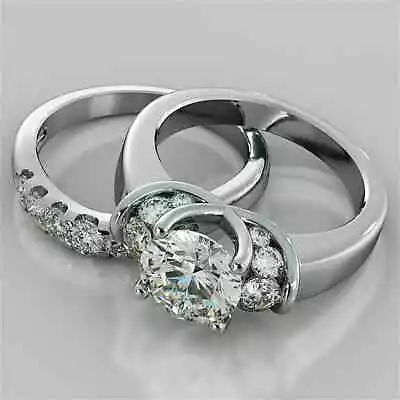 3Ct Round Cut Real Moissanite 14K White Gold Plated Engagement Bridal Ring Set • $175.30