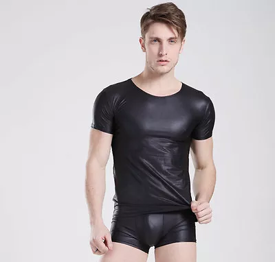 Mens Sexy Leather Look Tight Fitting T Shirt Top - S M L XL - Brand New • £18.99