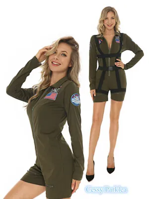 X-Q3-5 Ladies Top Gun 1980s Jumpsuit Army Military Costume Aviator Pilot • $39.95