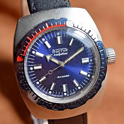 VINTAGE Wristwatch VOSTOK AMPHIBIAN Diver 200M WATCH Soviet Blue Dial USSR Watch • $136