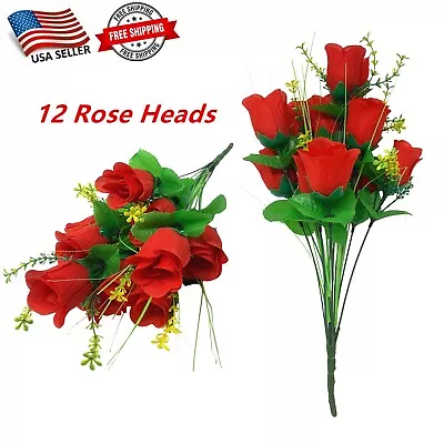 12 Red Rose Buds Artificial Silk Flowers Wedding Bouquets Home Faux Roses • $9.99